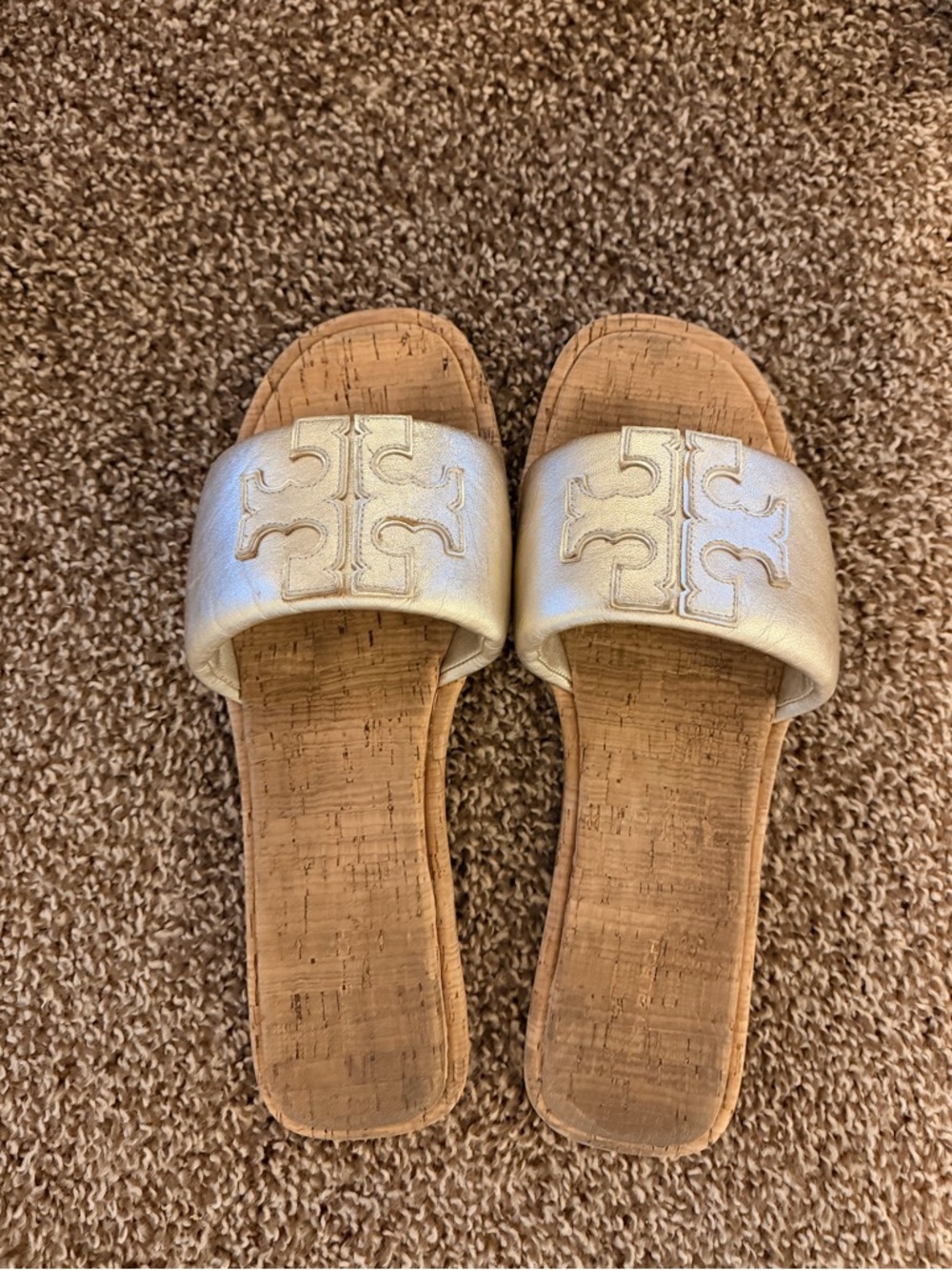Tory Burch Metallic Gold Logo Cork Slide Sandals